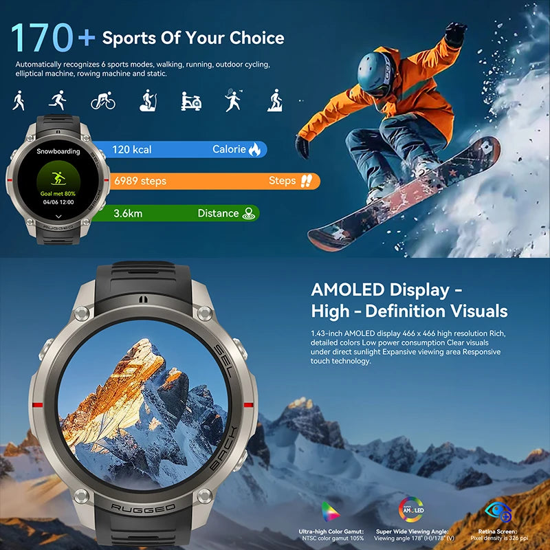 2026 New Outdoor GPS Smart Watch Map Compass Navigation 5ATM Waterproof Bluetooth Call 100+Sport Mode Men AMOLED HD Smart Watch