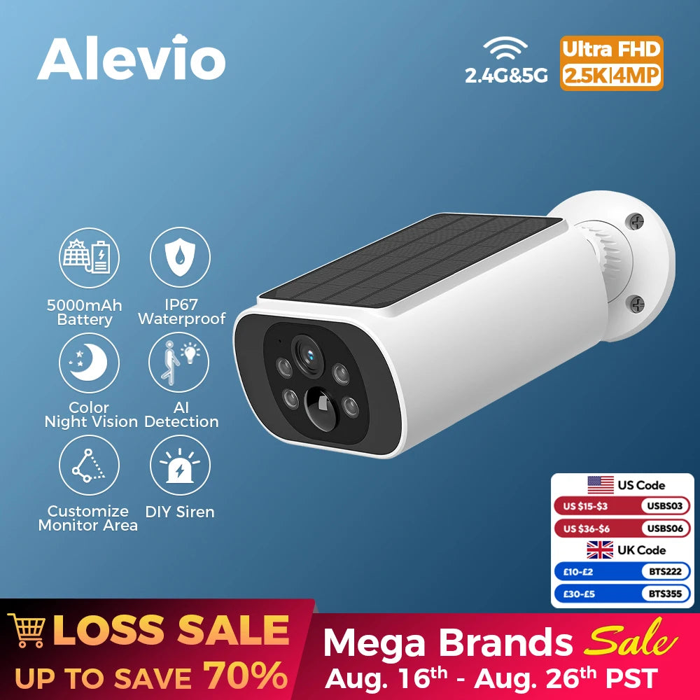 ALEVIO 2.5K Outdoor Solar Camera Wireless Cam WIFI Ultra Standby Time PIR Motion Light Color Night Vision AI Detect Battery Cam