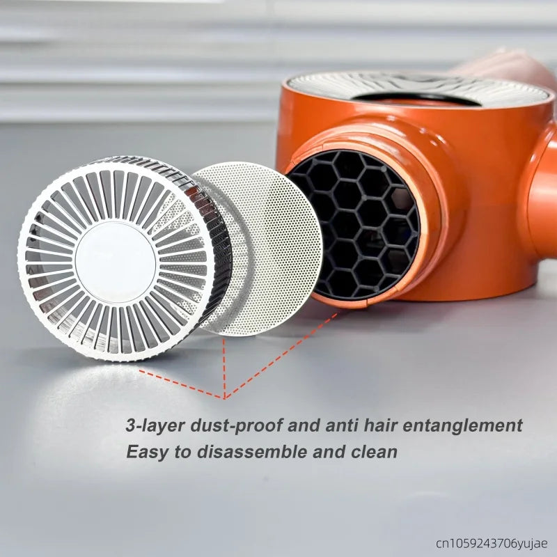 Orange high-speed bladeless hair dryer showing 3-layer anti-tangle, dust-proof magnetic filter for easy cleaning.