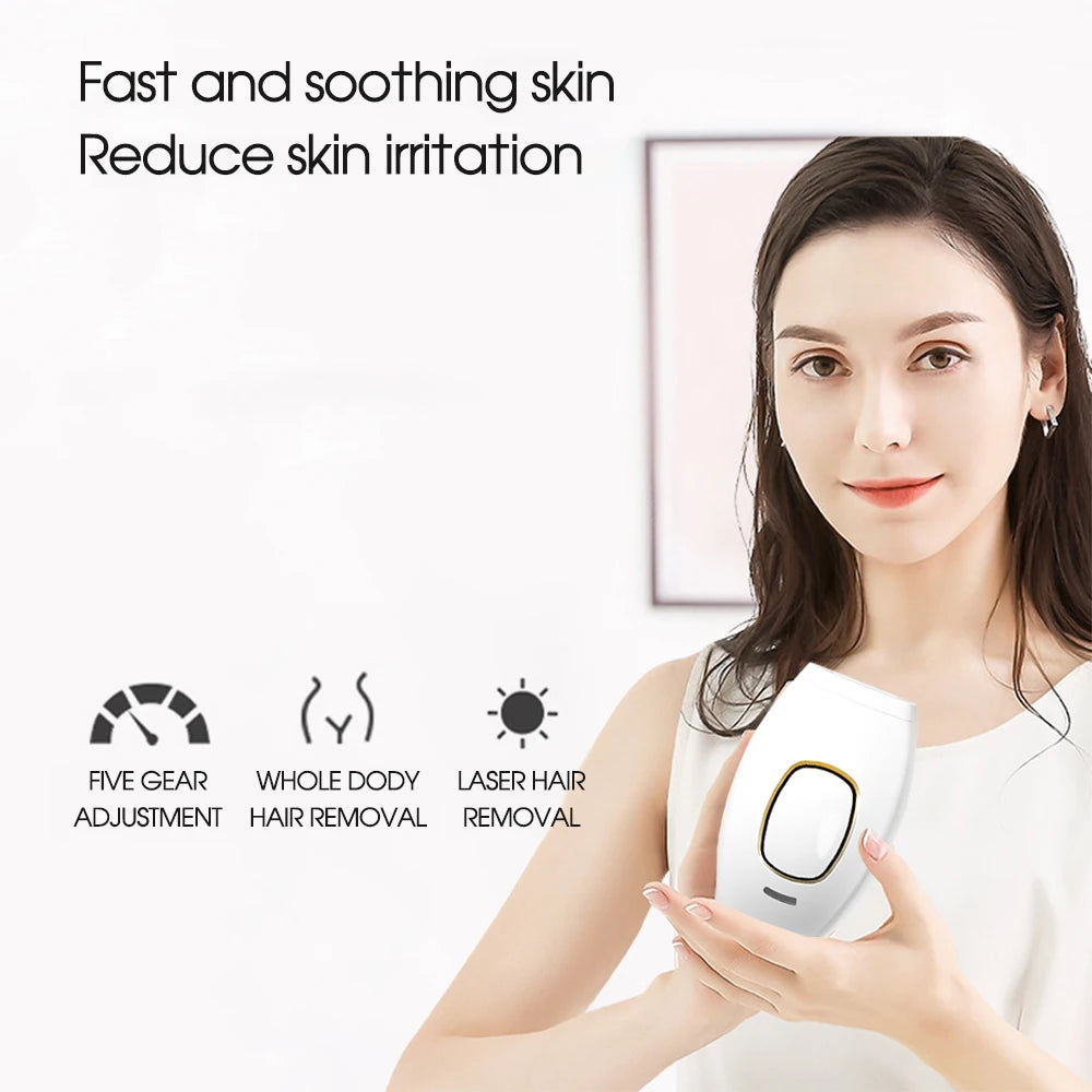 Woman holding white IPL laser hair removal device for painless, permanent body and bikini hair reduction at home.