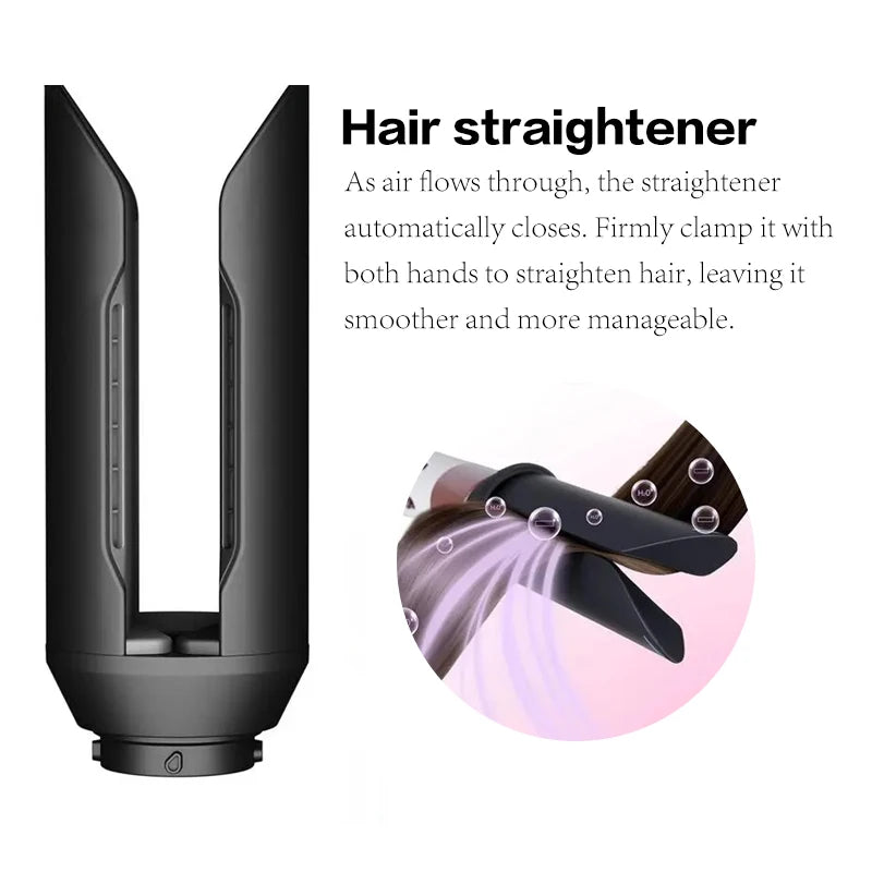 Black hair straightener attachment for 7-in-1 ionic dryer, using airflow to smooth and straighten hair strands.