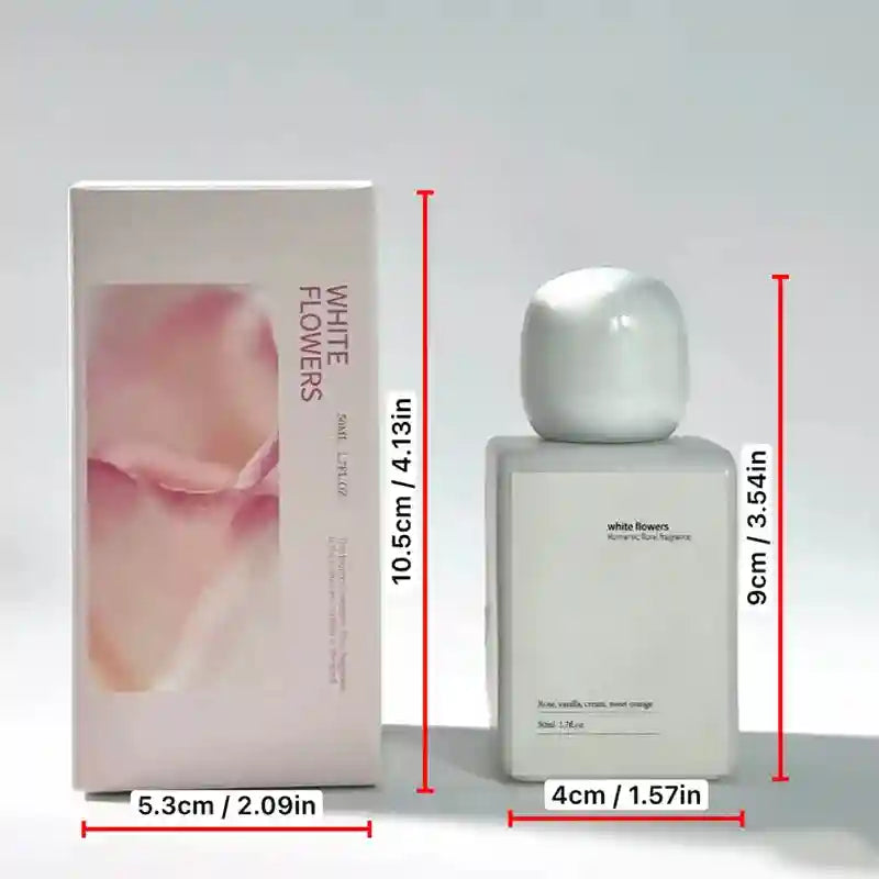 HOPE CHRISTINE White Flowers perfume for women. Square 50ml bottle, rose, vanilla, cream, orange floral scent.