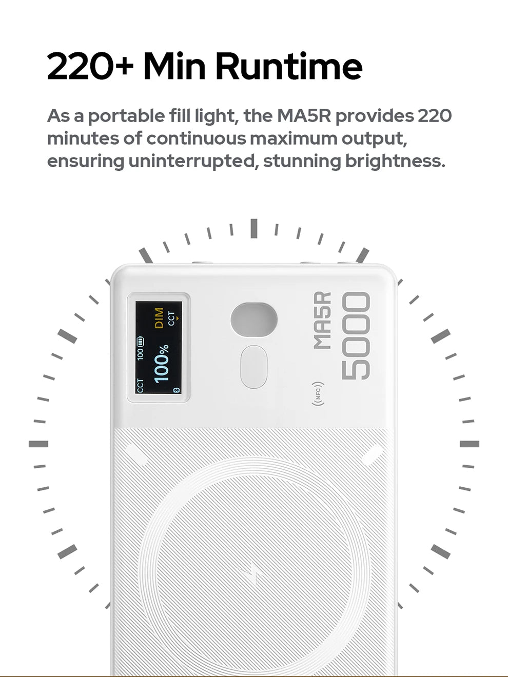 MA5R white rectangular portable LED fill light with a digital display, power settings, and a wireless charging pad.