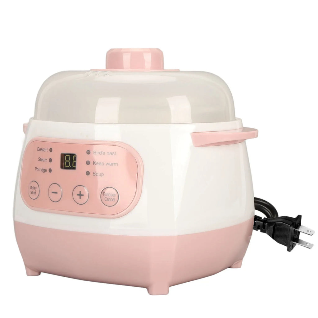 Pink mini electric rice cooker with clear lid, LCD display, and power cord