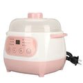 Pink mini electric rice cooker with clear lid, LCD display, and power cord
