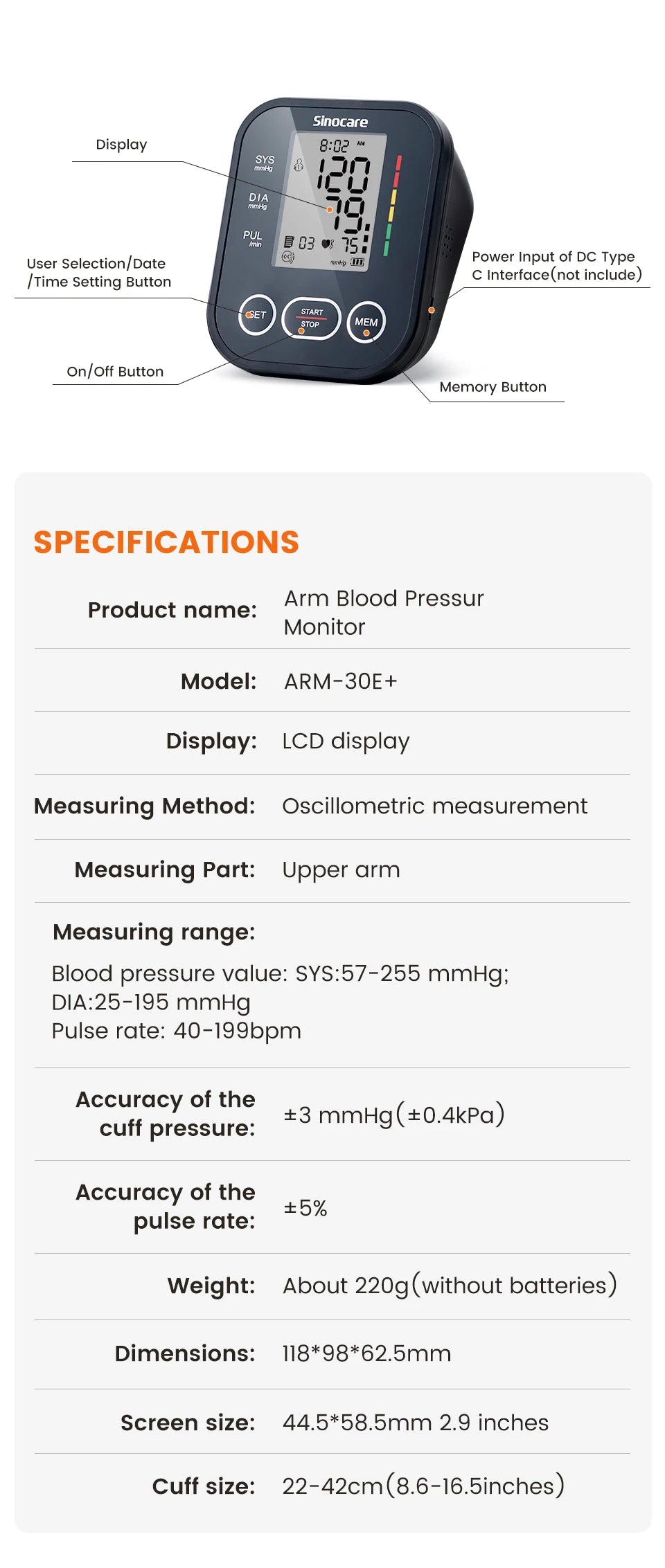 Sinocare Blood Pressure Monitor Digital Sphygmomanometer Automatic Tensiometer Tonometer Home Medical Use Heart Rate Pulse Meter