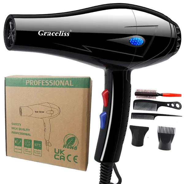 Black 1800W professional hair dryer with 5 styling attachments, heat settings, and gift box for fast hair drying.