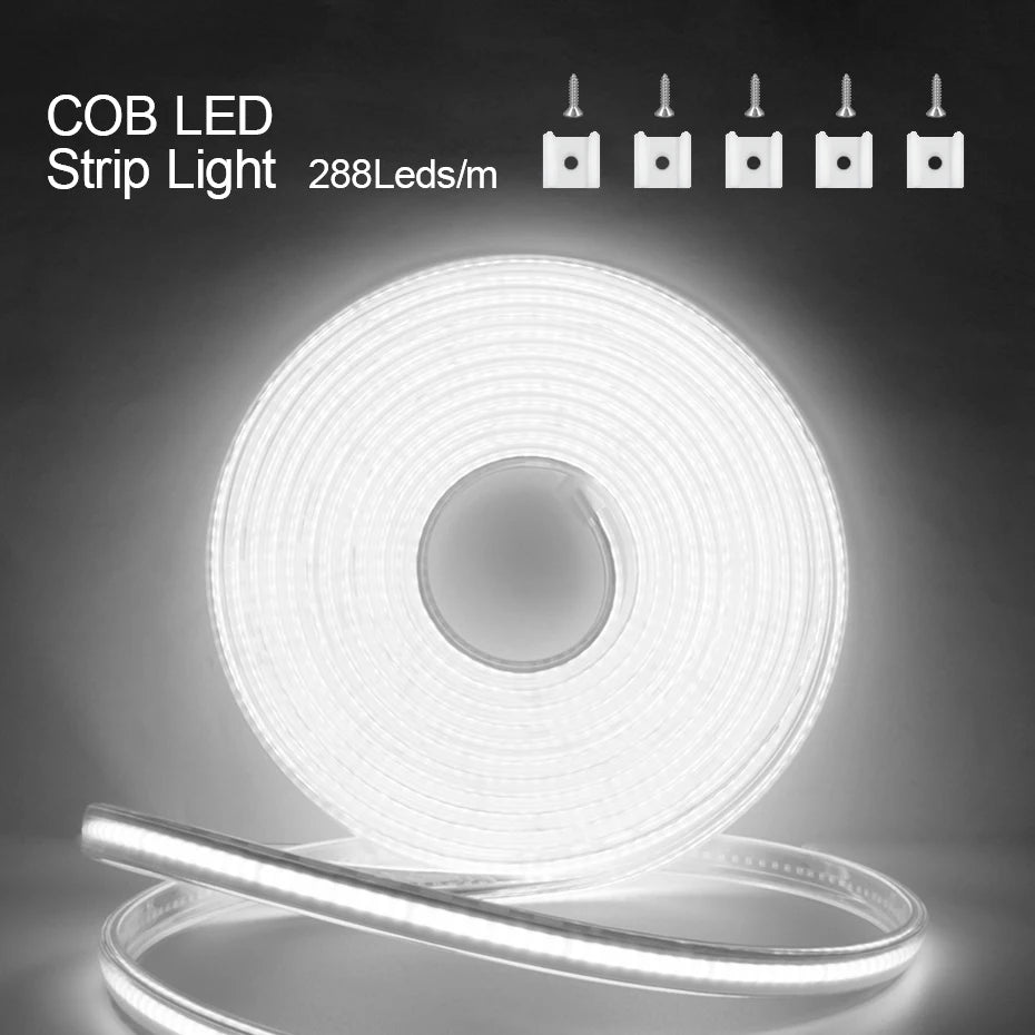 AC 220V COB LED Strip Light 288LEDs/m IP65 Waterproof 1m-50m Flexible Tape with EU/AU Power Plug for Home Lighting Decor
