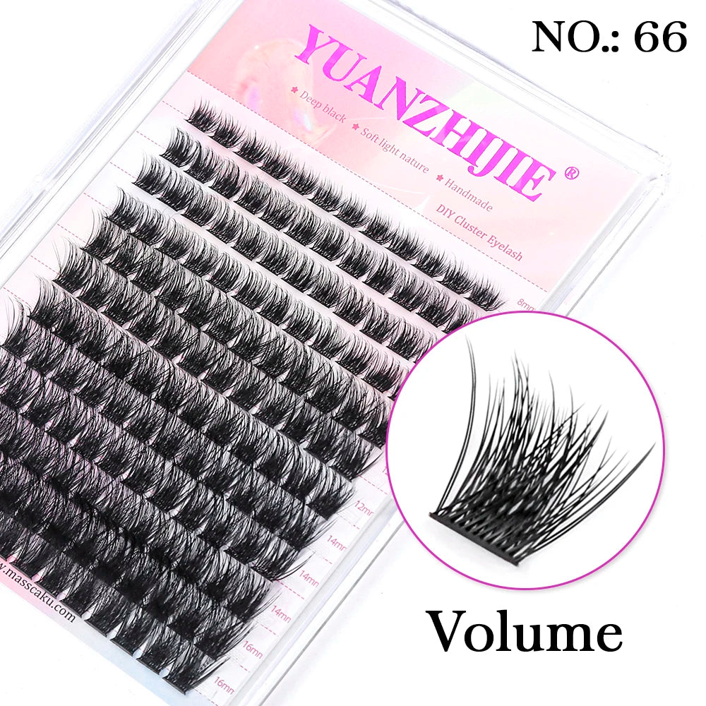 A clear plastic tray containing rows of black, segmented mink cluster eyelashes with a magnified volume lash inset.