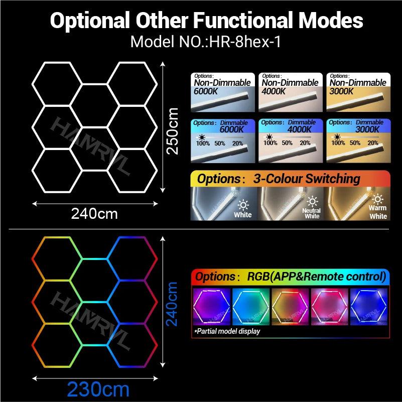 Hexagon honeycomb LED ceiling light model HR-8hex-1, RGB color display in hex layout