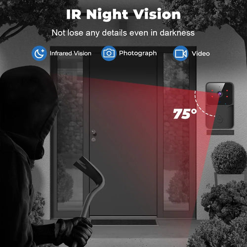 Black smart video doorbell showing camera lens and infrared glow for night vision.