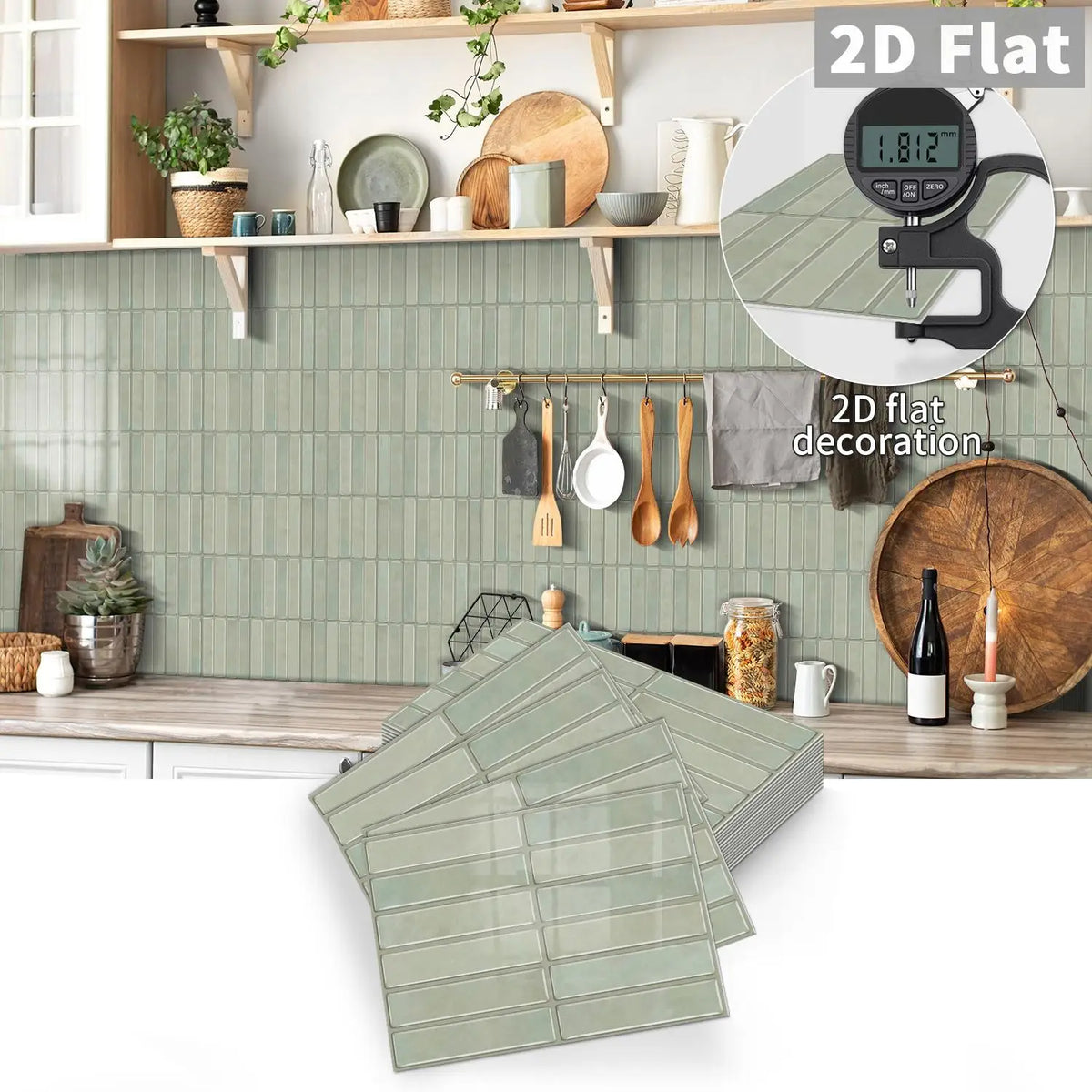 Light gray-green self-adhesive tile decal sheets with rectangular brick-style pattern