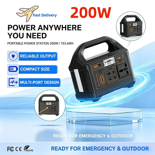 Black 200W portable power station with handle, LCD screen, and multiple output ports on a blue display background.