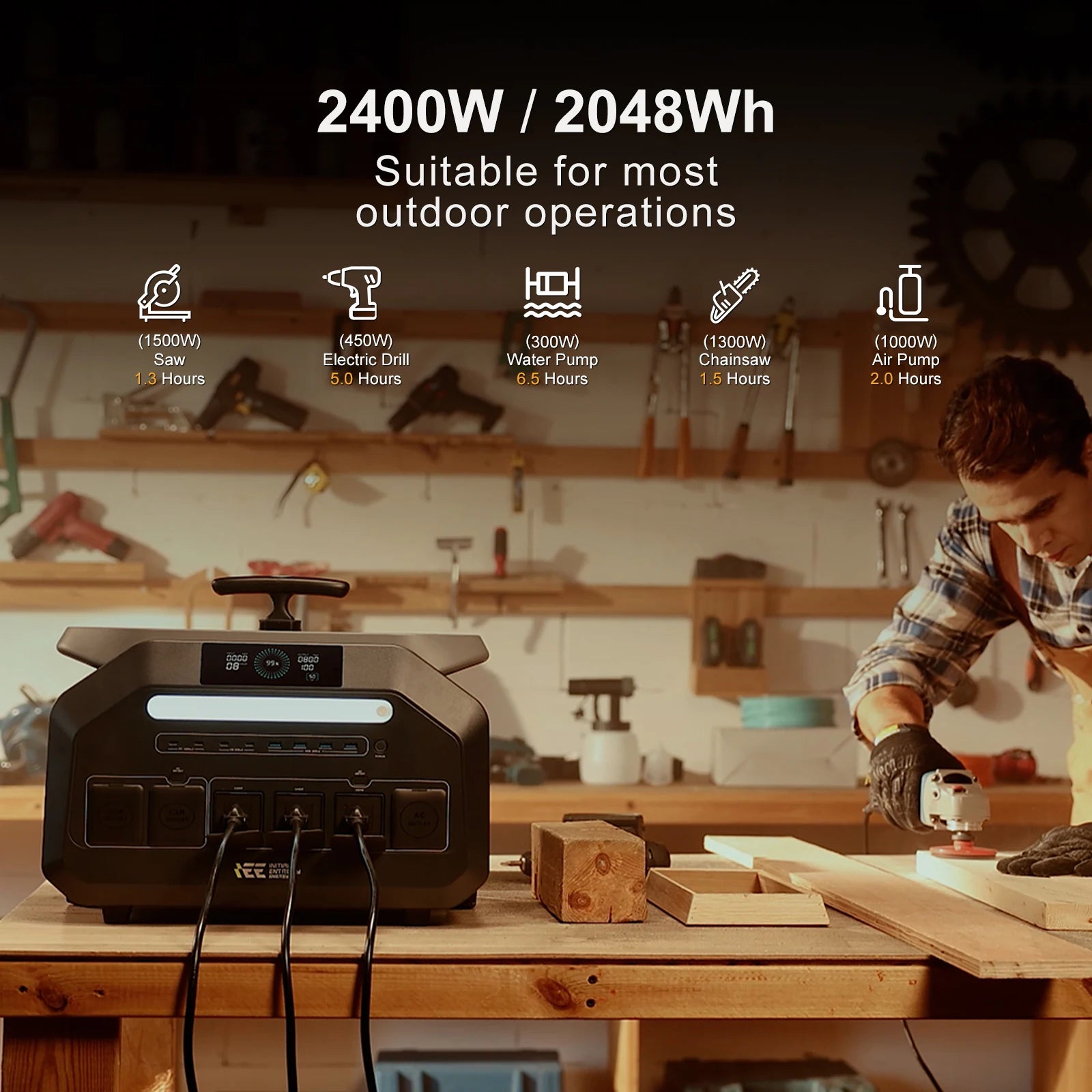 IEE P2400 2400W Portable Power Station 2048Wh LiFeP04 APP Control With Lighting Camp Solar Generator US AC Input/Output PV Inupt