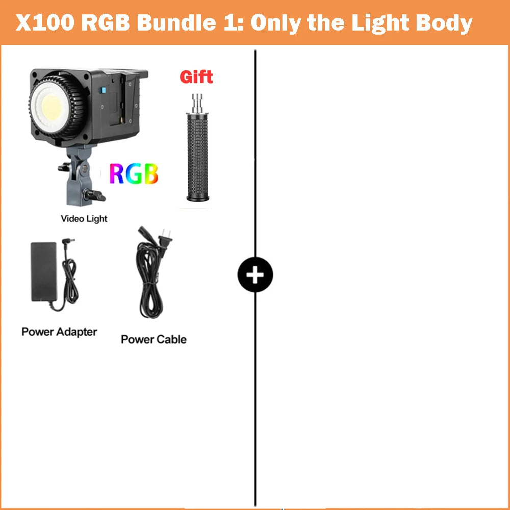X100 RGB video light bundle including a light body, black grip, power adapter, and power cable for studio lighting.