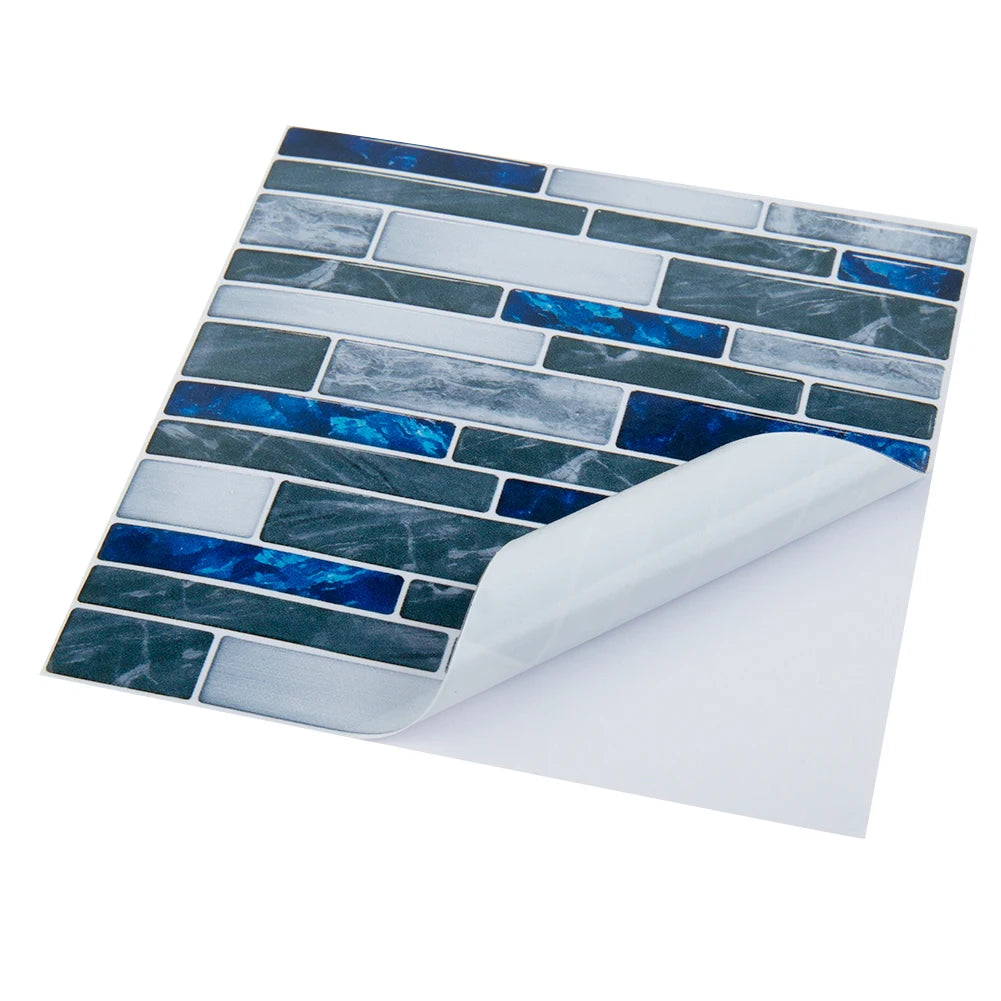 Self-adhesive 3D mosaic tile sticker sheet with blue and gray brick tiles, 10x10cm.