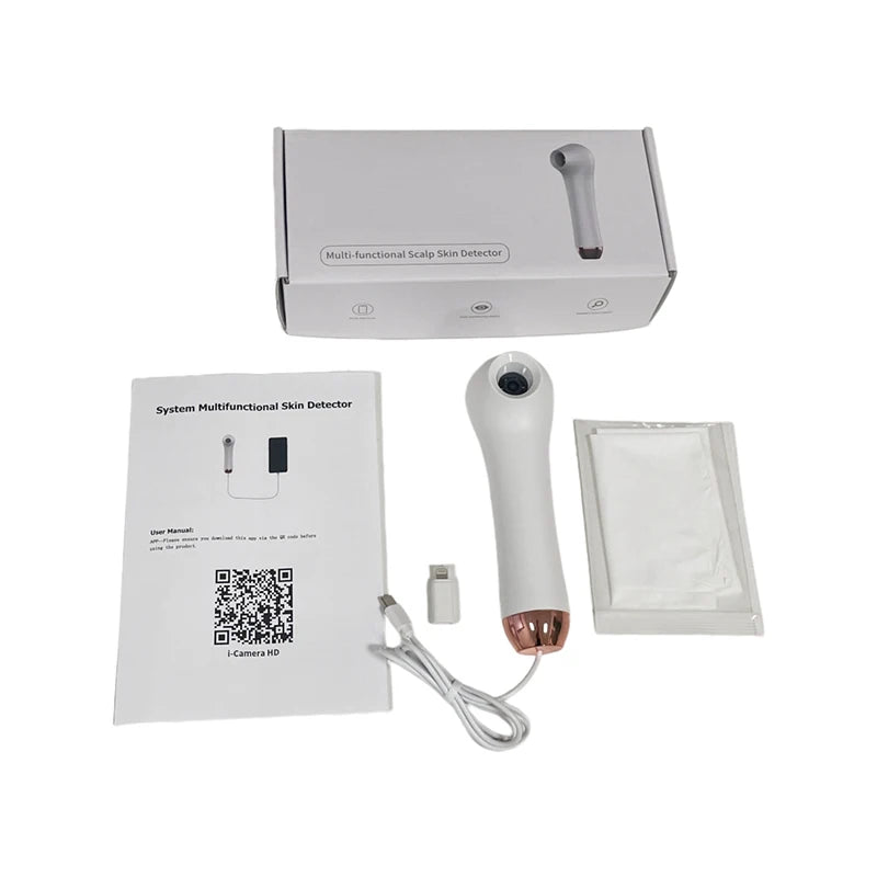 White and rose gold HD digital scalp and skin follicle analyzer device with charging cable, manual, and retail box.