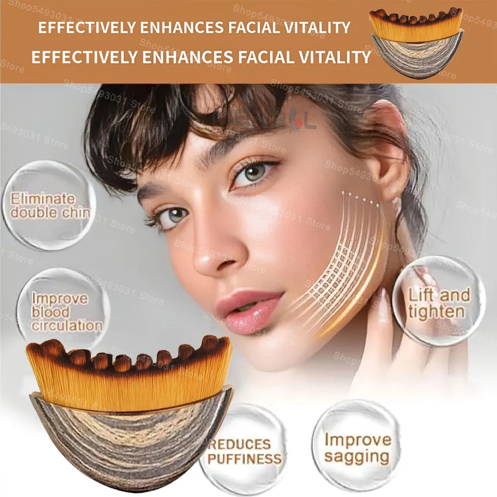 Curved, crescent-shaped face massage brush with brown wood-grain handle and soft, dense bristles for facial contouring.