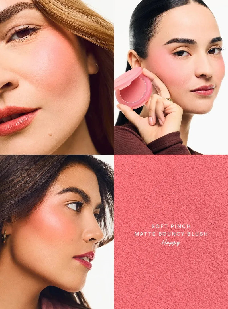 Rare Beauty Soft Pinch Matte Bouncy Blush in Happy: pink powder blush with a creamy, mud-like bouncy texture.