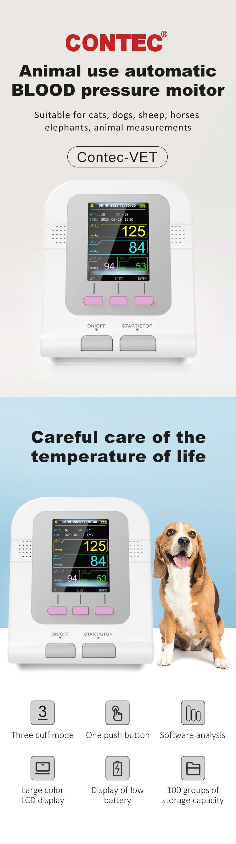 CONTEC08A Vet Use Electronic Sphygmomanometer Digital Blood Pressure Veterinary Vet Use Monitor Pets Dog Cat Horse Etc