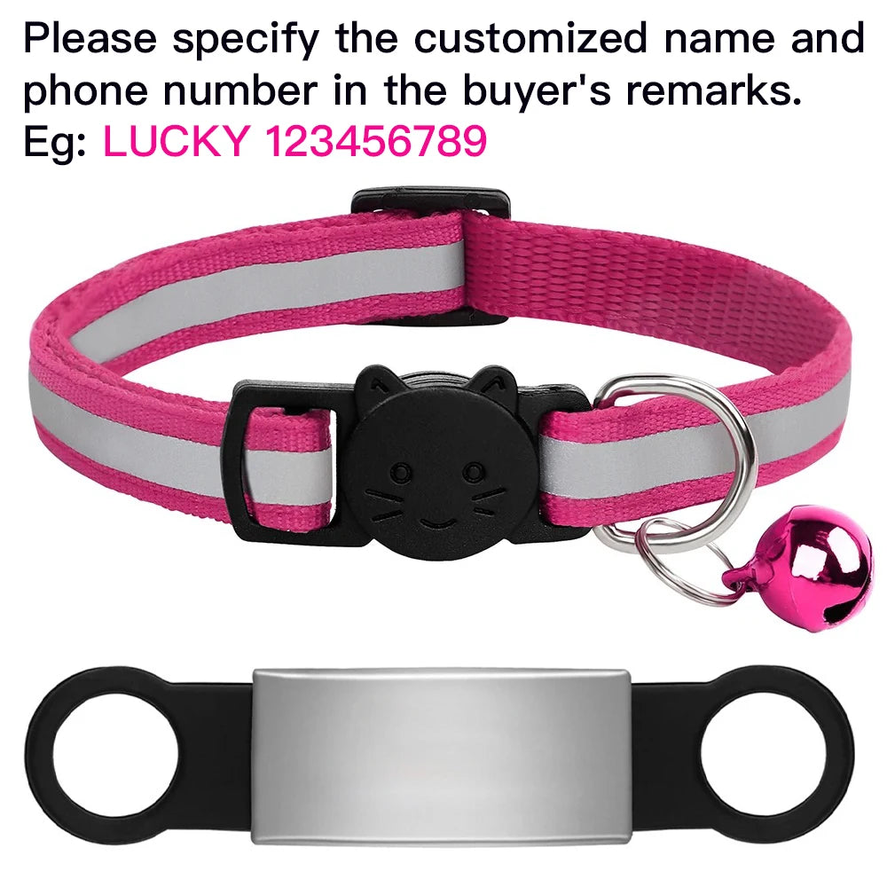 Customized pink reflective cat collar with ID tag and bell for safe, anti-lost identification for kittens and puppies.