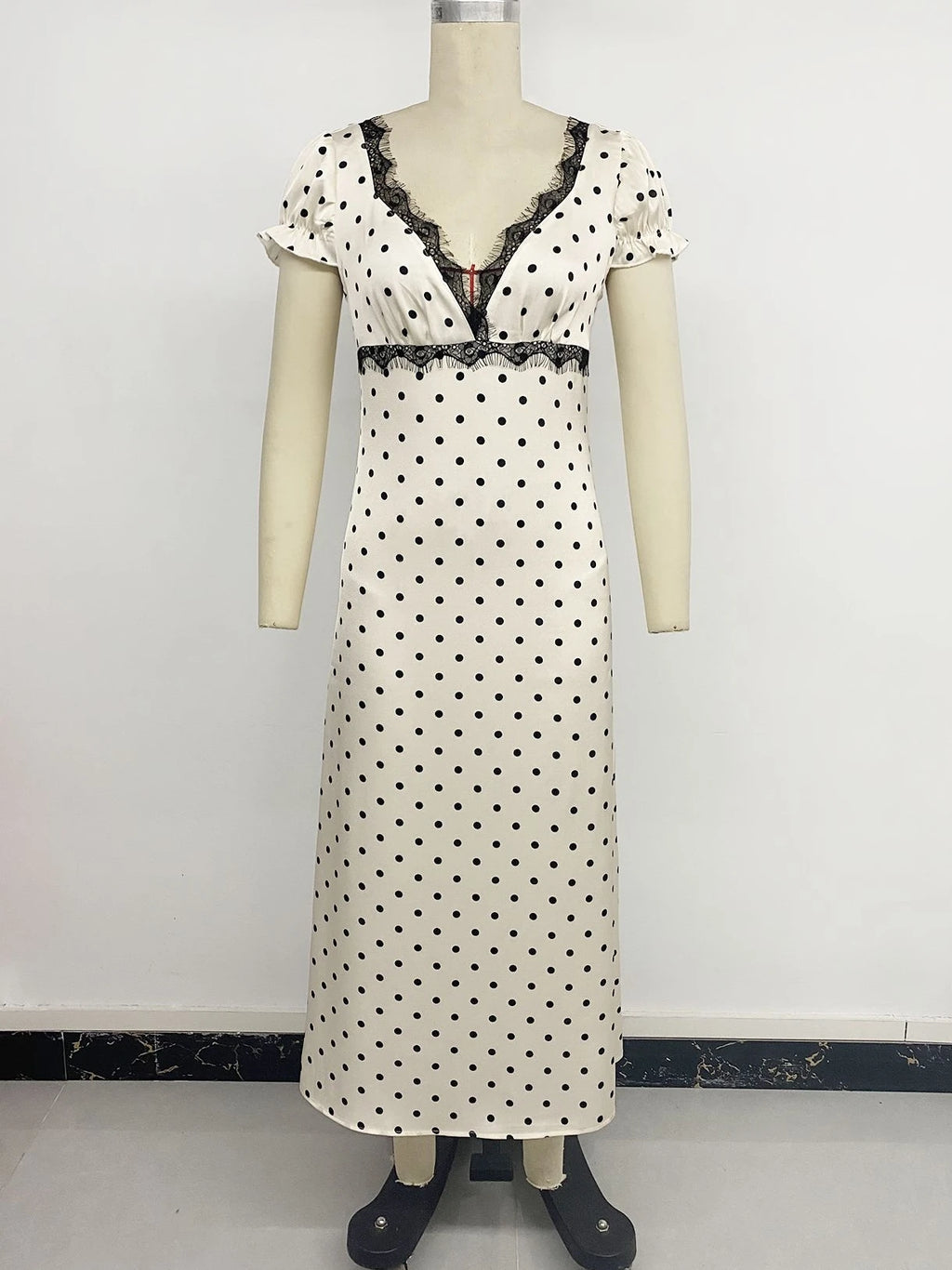Elegant Dot Print Lace Backless Women Dress Fashion V-neck Puff Sleeve Bandage Maxi Dress 2026 Summer Female Party Holiday Dress