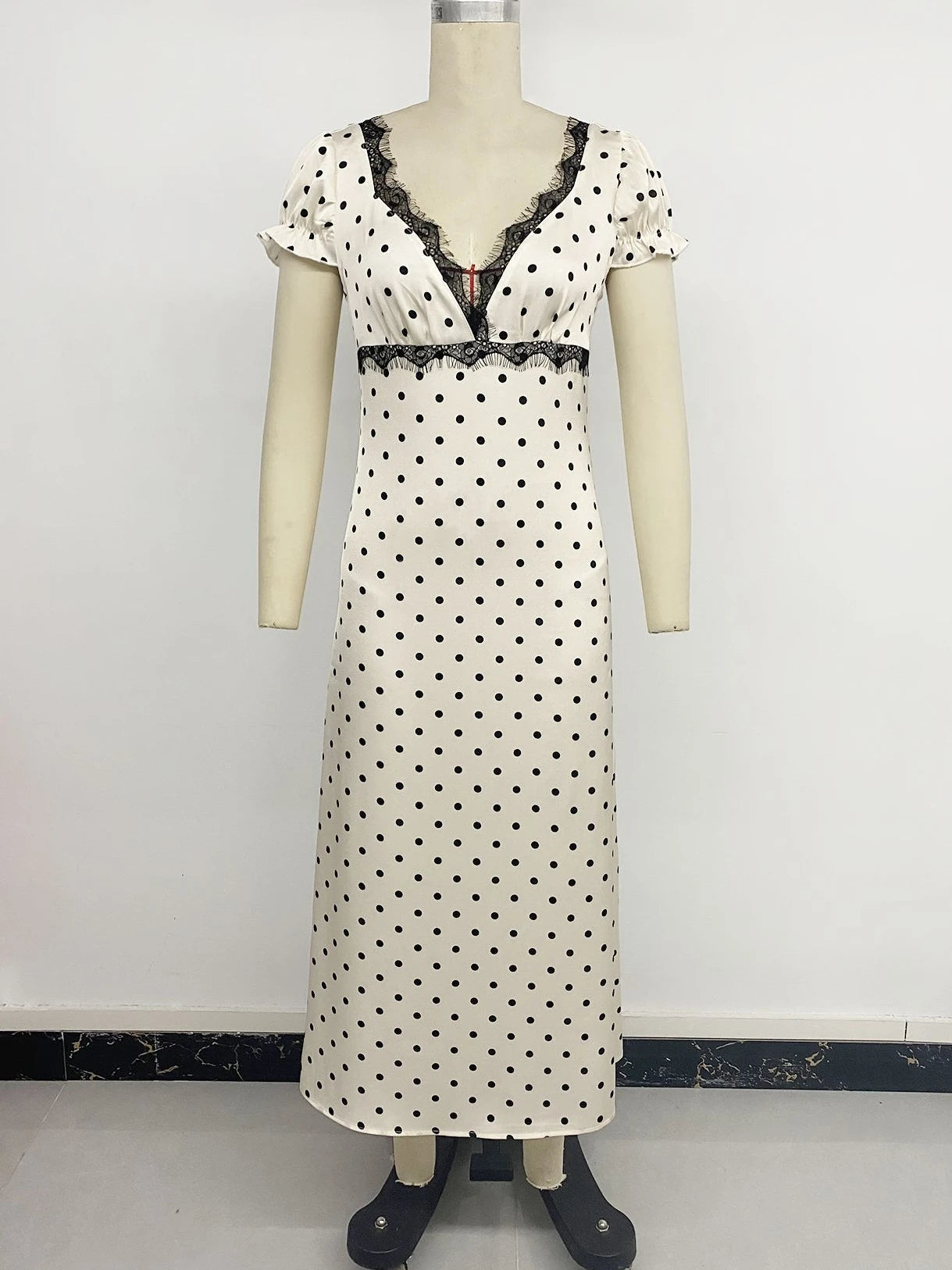 Elegant Dot Print Lace Backless Women Dress Fashion V-neck Puff Sleeve Bandage Maxi Dress 2026 Summer Female Party Holiday Dress