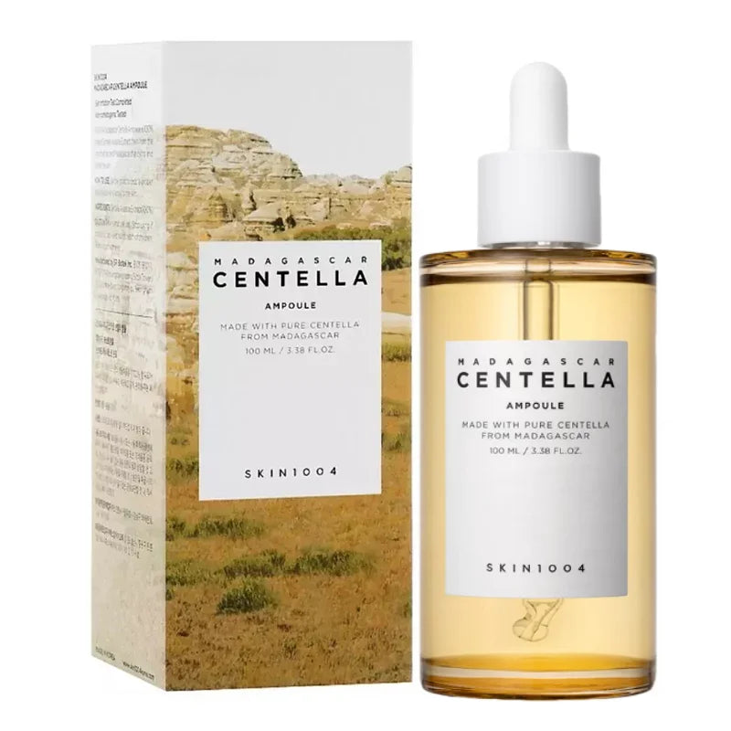 Gold Centella ampoule bottle with white dropper and printed product box.