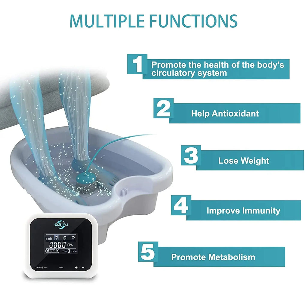 Ionic foot bath detox machine with digital touch display and aqua ion array for home spa wellness and health benefits.