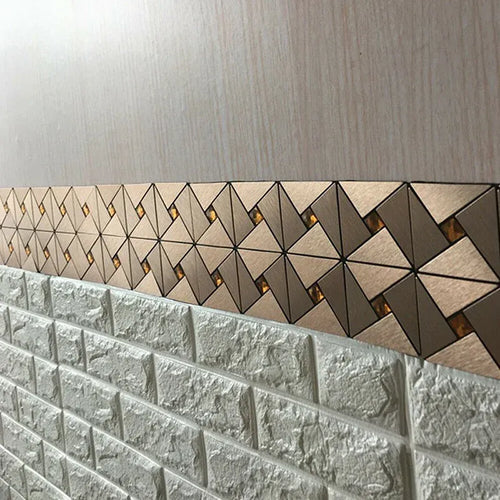Self-adhesive mosaic tile border sticker with raised silver-toned geometric triangle tiles