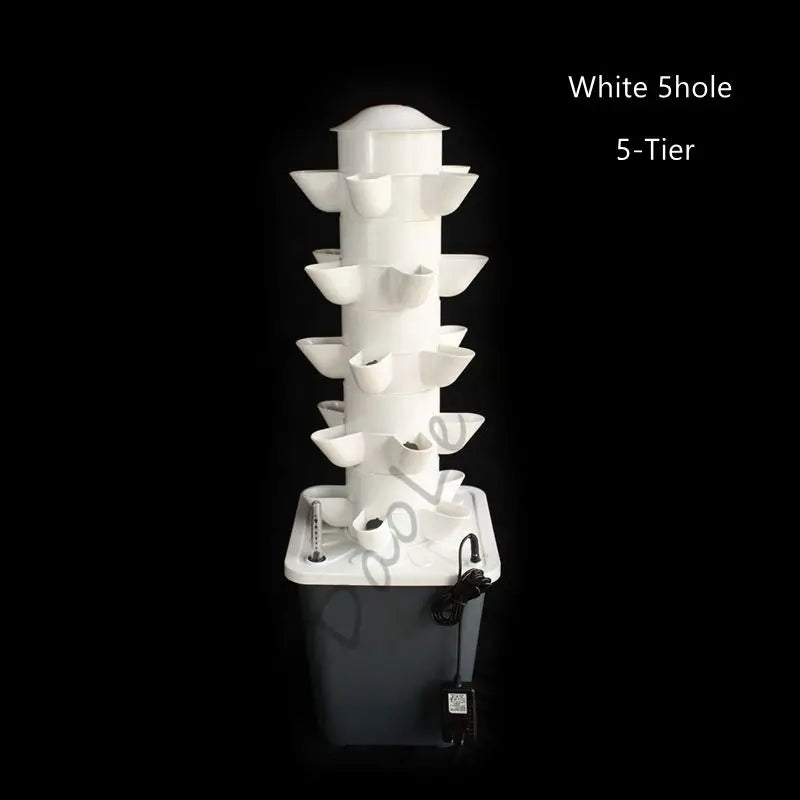 White 5-hole 5-tier vertical hydroponic tower with base reservoir and fittings