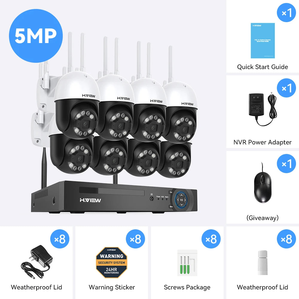H.view 8CH 5mp Wireless Wifi Camera Security System CCTV Camera Video Surveillance Kit NVR Indoor Outdoor Two-Way Audio Xmeye