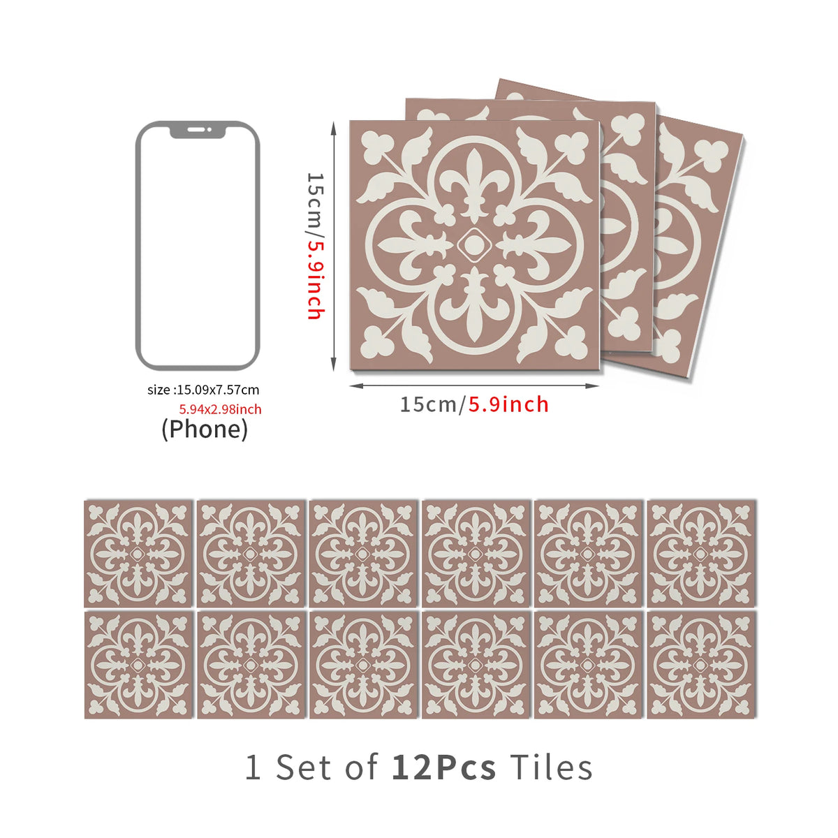 Set of 12 Moroccan peel-and-stick tile stickers, tan with white ornate damask.