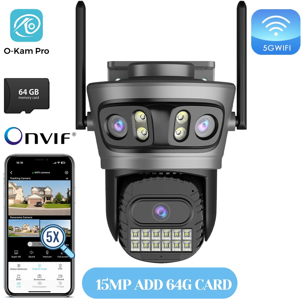 PTZ outdoor security 5G WiFi camera with dual antennas, matte black, quad-lens front, 64GB.