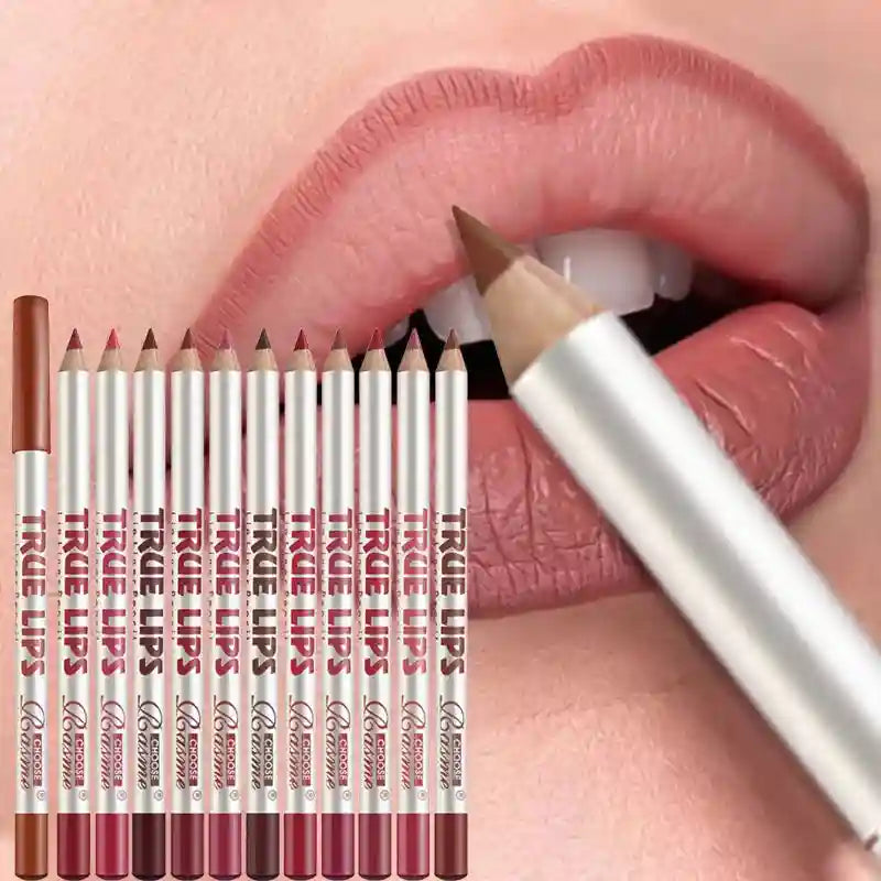 12-piece matte lip liner pencil set in assorted neutral and bold shades for professional, long-lasting lip makeup.