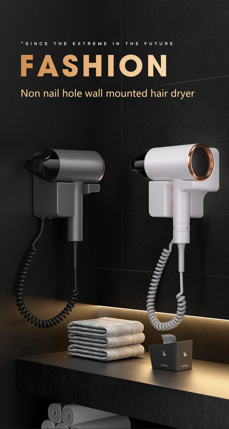 Wall-mounted hotel hair dryer in white and grey, featuring a coiled cord, non-punching design, and modern aesthetic.