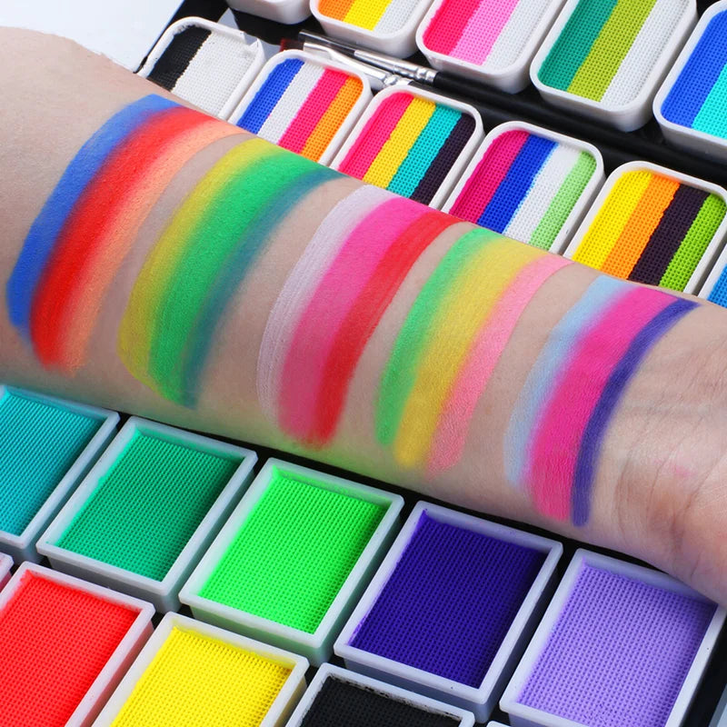 Tidesmit 12 grid water-soluble rainbow face body paint palette for Halloween cosplay makeup shade swatch