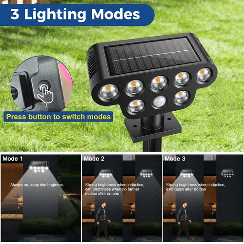 Black solar-powered LED pathway light with solar panel on top and ground stake, set against grass.