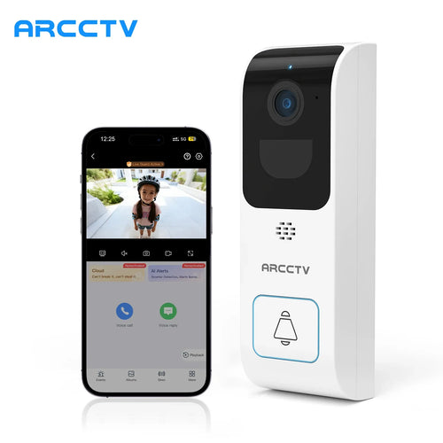 WiFi video doorbell camera with white chime unit and live view on a smartphone app