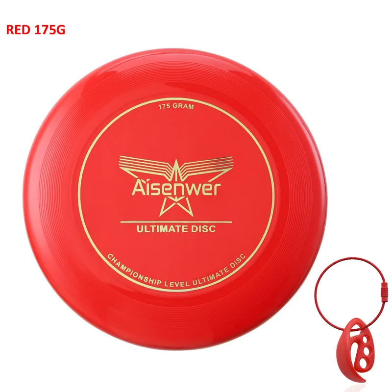 Red 175g plastic ultimate flying disc with gold branding and a matching red carrying clasp.