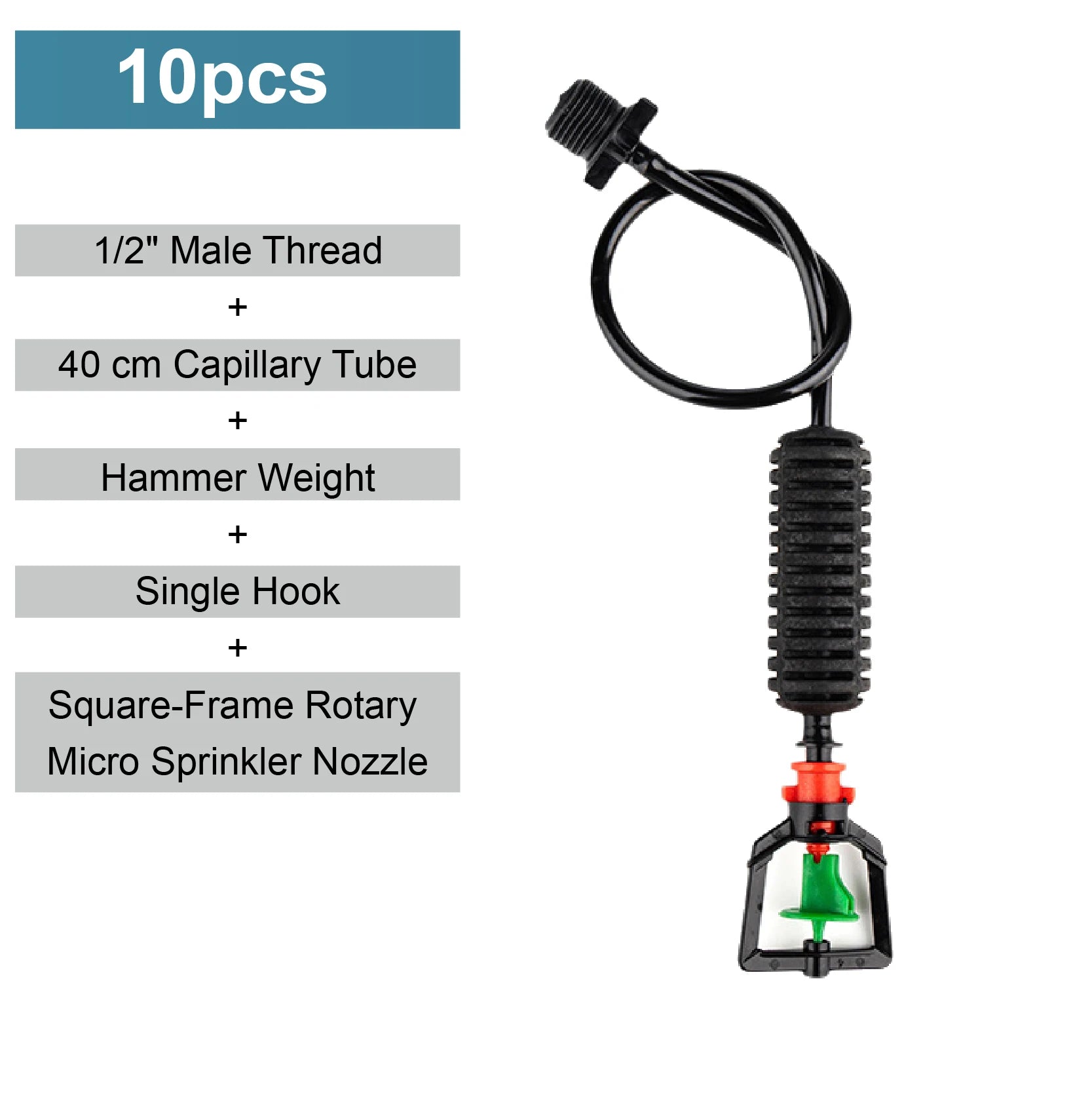 Garden hanging mist sprayer nozzle with black tube, green square frame, red collar