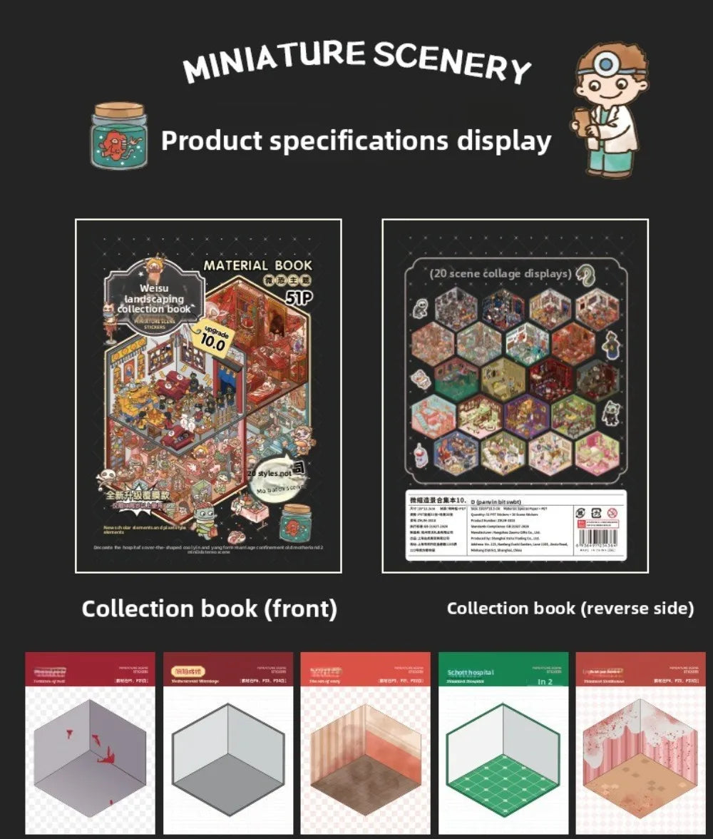 Horror-themed PET sticker book with 51 sheets for DIY craft scene building, 20 unique cartoon town designs.