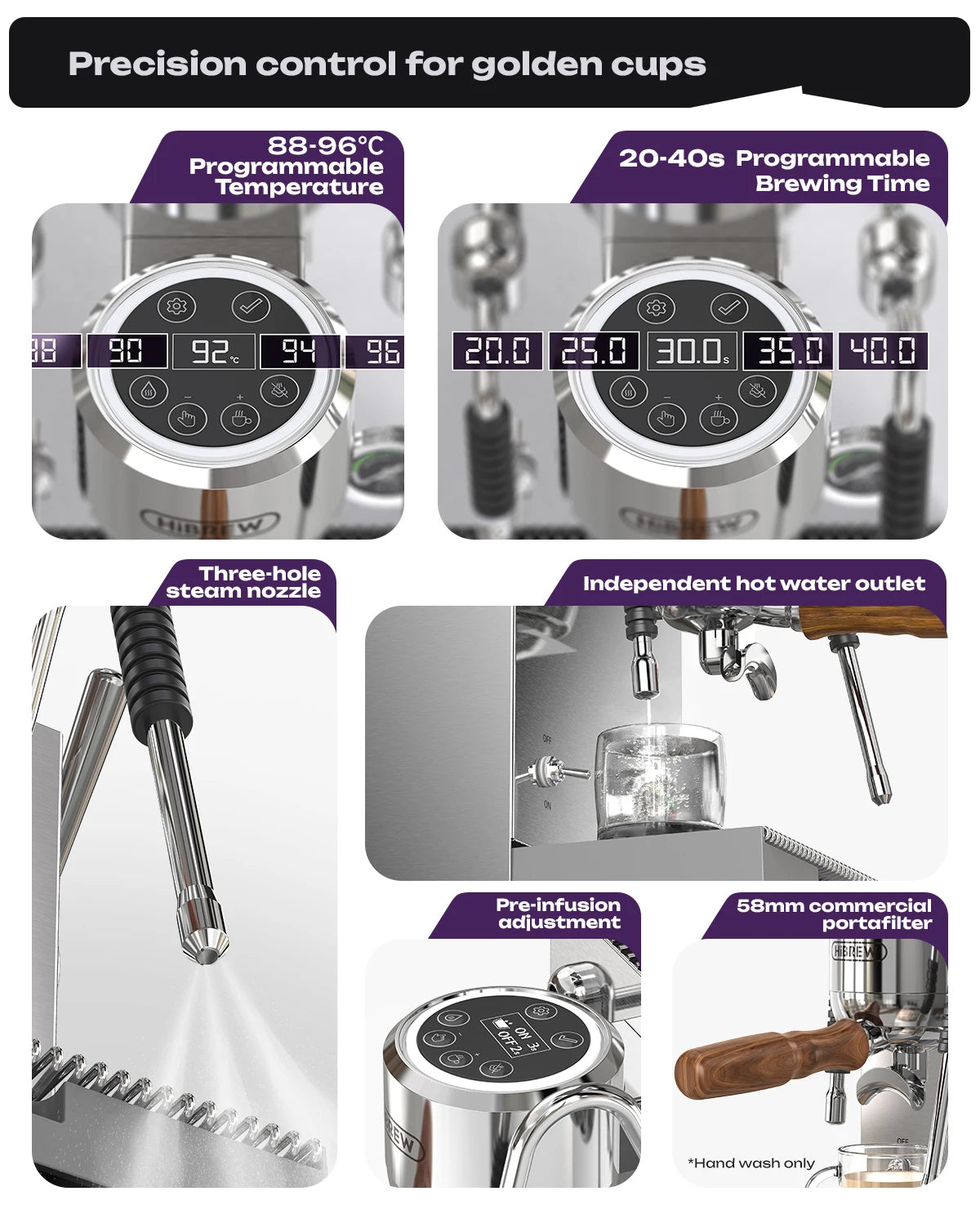 HiBREW stainless steel espresso machine features 58mm portafilter, programmable temperature, and steam nozzle.
