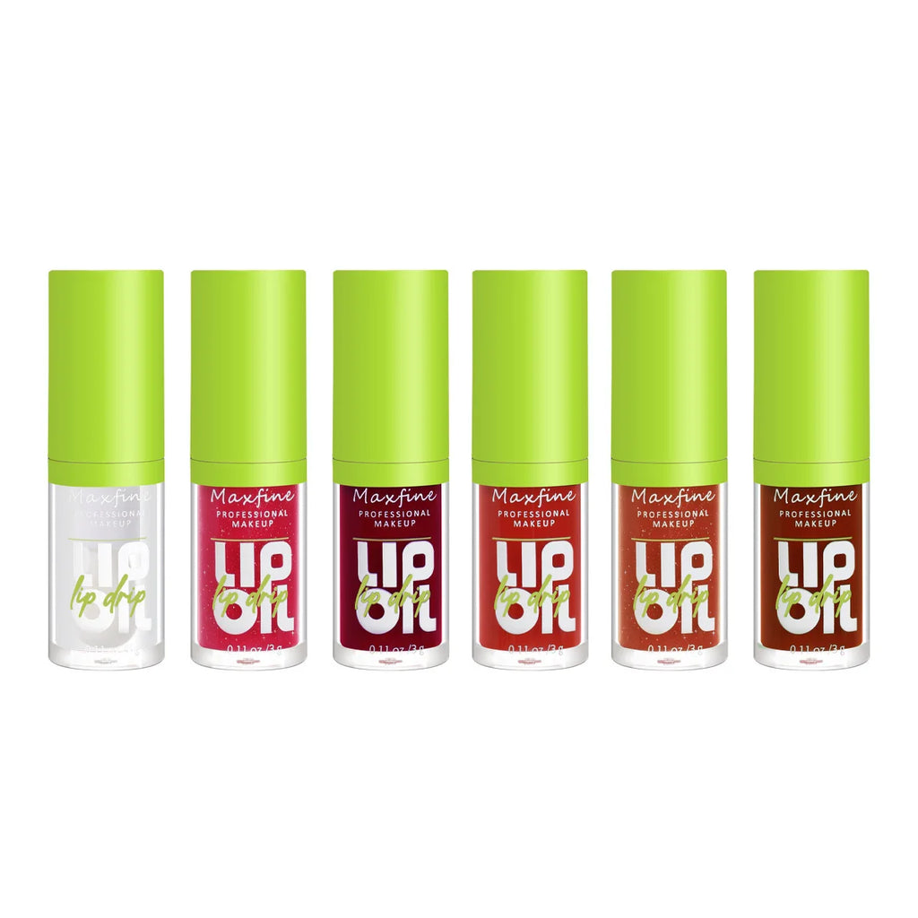 Six shades of Maxfine waterproof, hydrating lip gloss with high-shine finish, featuring green caps and clear tubes.