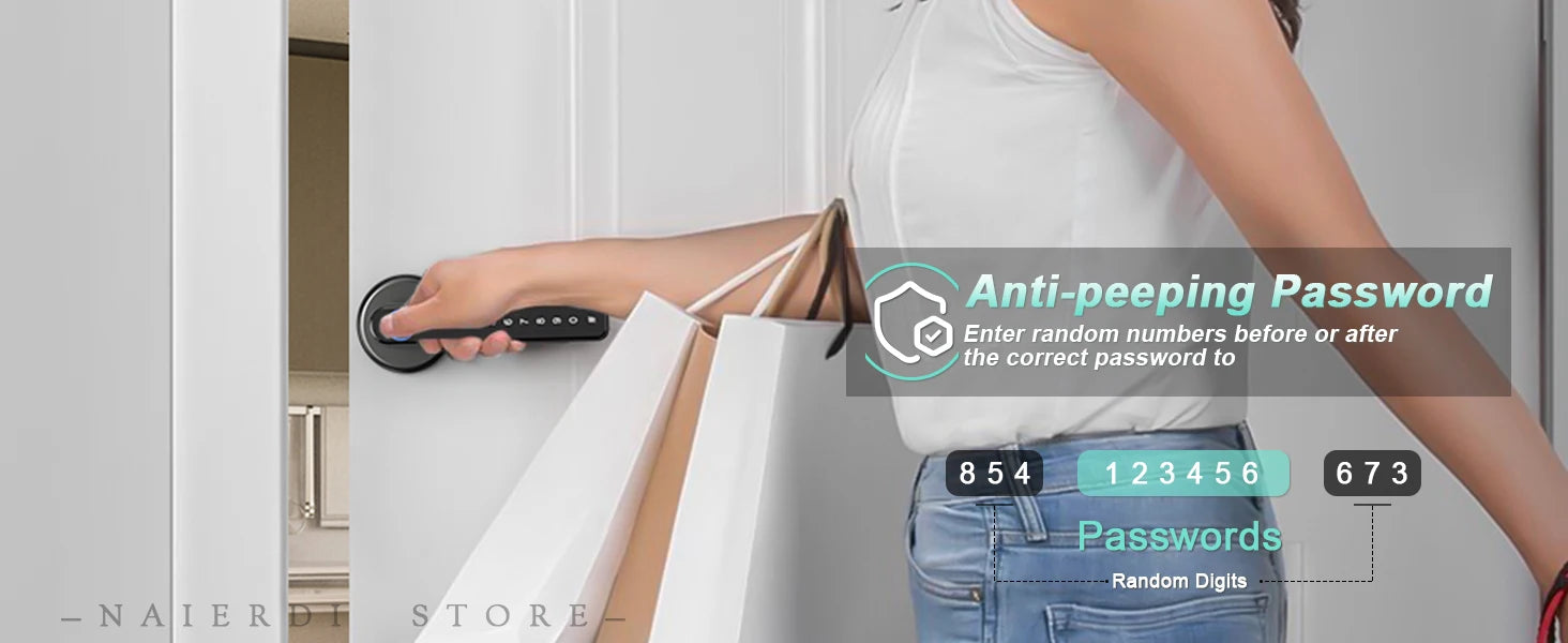 NAIERDI 5-in-1 Smart Fingerprint Door Lock Tuya APP Bluetooth Keypad IC Card Keyless Digital Door Knob for Hotel Office Bedroom