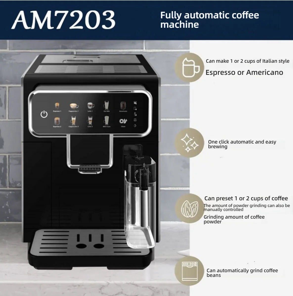 AM7203 fully automatic black coffee machine with touch display, bean grinder, and milk frother for espresso drinks.