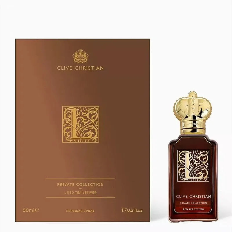 L Red Tea Vetiver perfume, 50ml bottle in dark glass with gold crown cap, next to matching brown gift box.