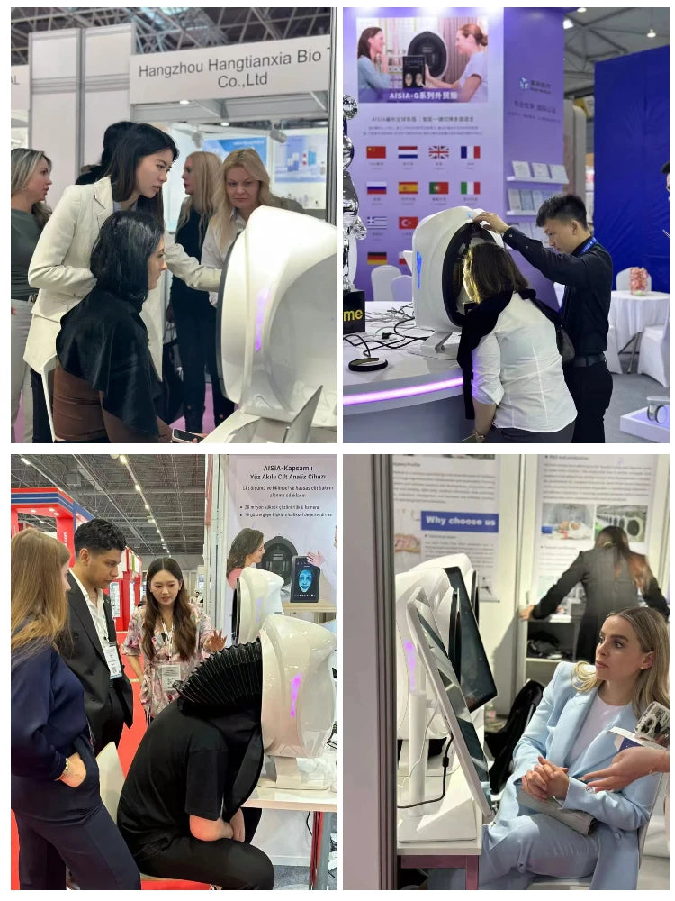 White smart facial skin analysis machine with LED lighting for professional anti-aging scan and beauty consultation.
