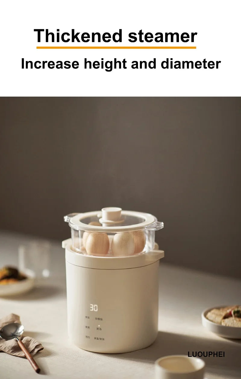 Smart white electric rice cooker with steaming lid and inner ceramic pot