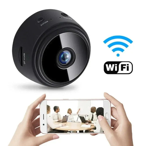 Black WiFi mini security camera with circular lens housing and wide-angle front